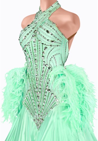 A stunning mint green ballroom dance gown, embellished with sparkling crystals and delicate feather accents. The halter neck an