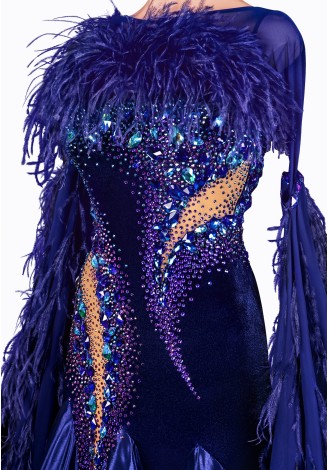 A stunning royal blue ballroom dance gown, adorned with feathers and sparkling embellishments.