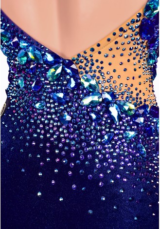 A stunning royal blue ballroom dance gown, adorned with feathers and sparkling embellishments.