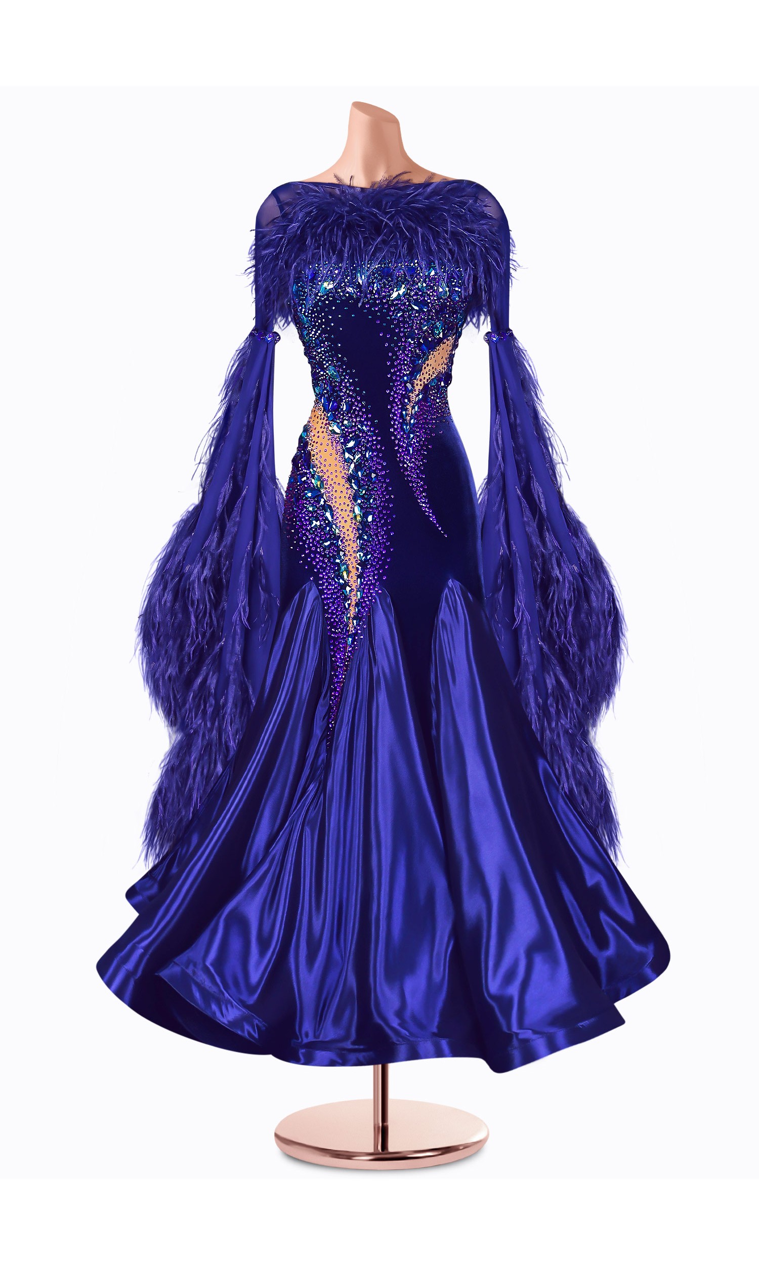 A stunning royal blue ballroom dance gown, adorned with feathers and sparkling embellishments.