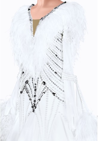 A stunning white ballroom dance gown with intricate beading and feather accents. The elegant design is perfect for a graceful p