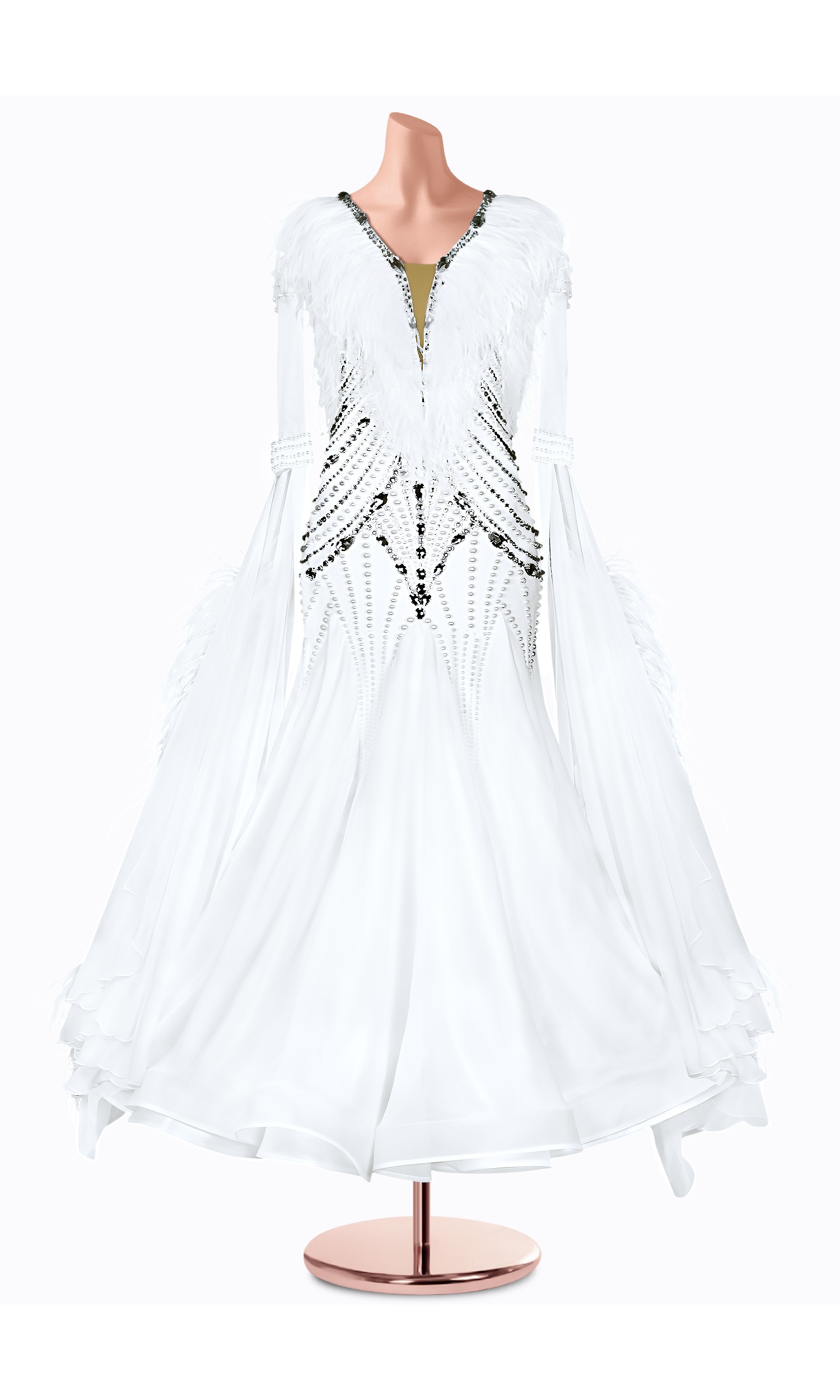 A stunning white ballroom dance gown with intricate beading and feather accents. The elegant design is perfect for a graceful p