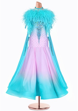 A stunning ombre ballroom dance gown in shades of pink and turquoise, accented with a beautiful feather boa and sparkling embell