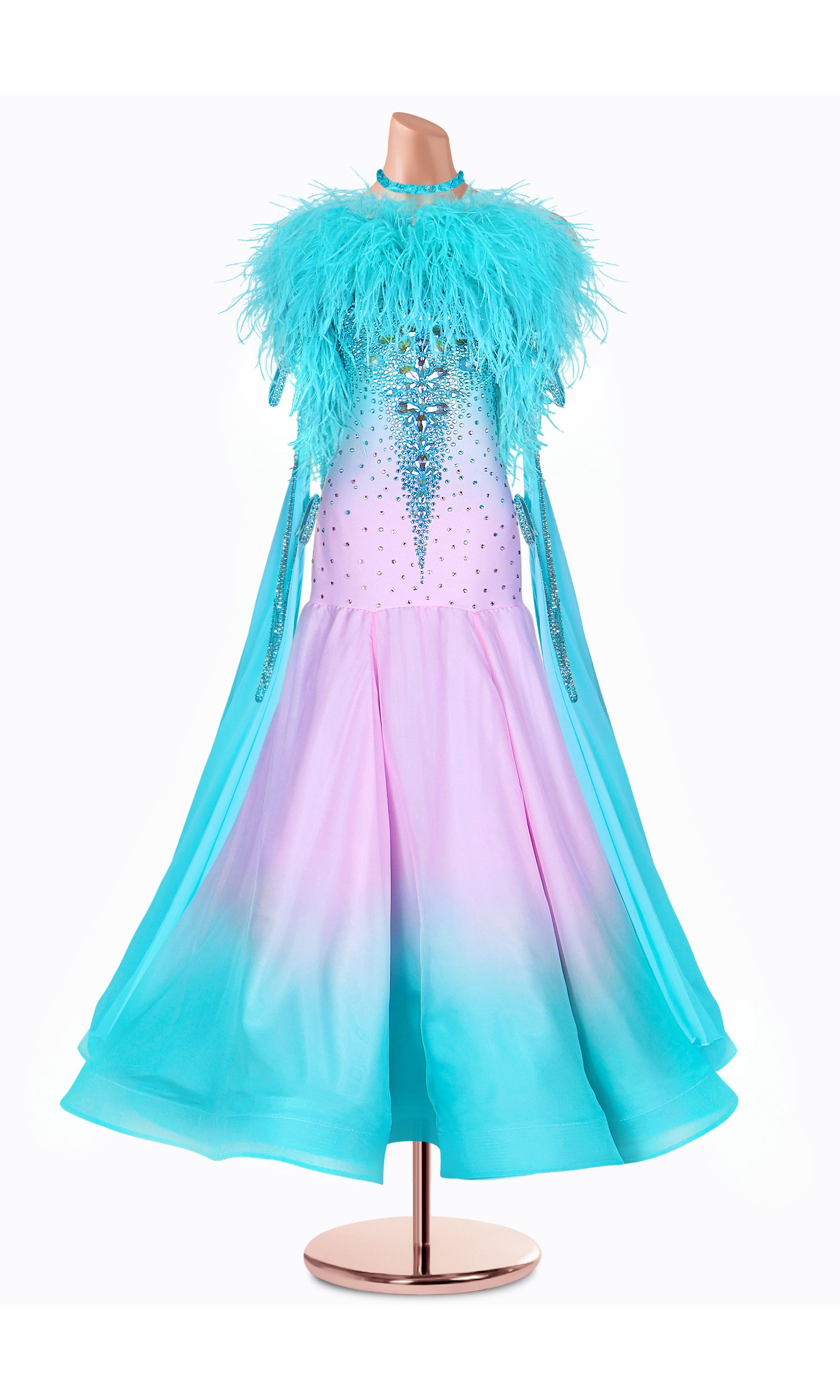 A stunning ombre ballroom dance gown in shades of pink and turquoise, accented with a beautiful feather boa and sparkling embell