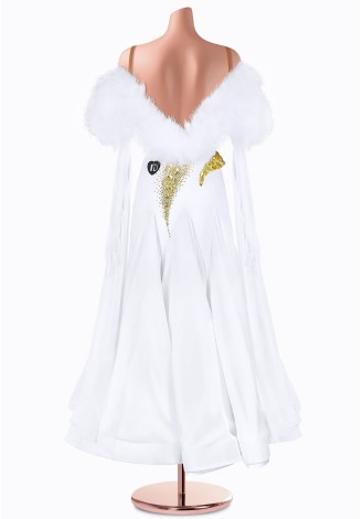 Elegant white ballroom dance gown with a gold and rhinestone embellishment and a feather bolero.