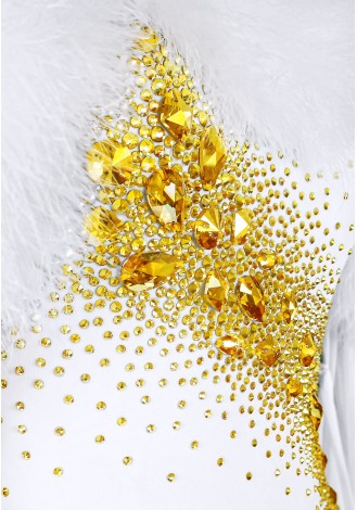 Elegant white ballroom dance gown with a gold and rhinestone embellishment and a feather bolero.