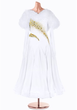 Elegant white ballroom dance gown with a gold and rhinestone embellishment and a feather bolero.