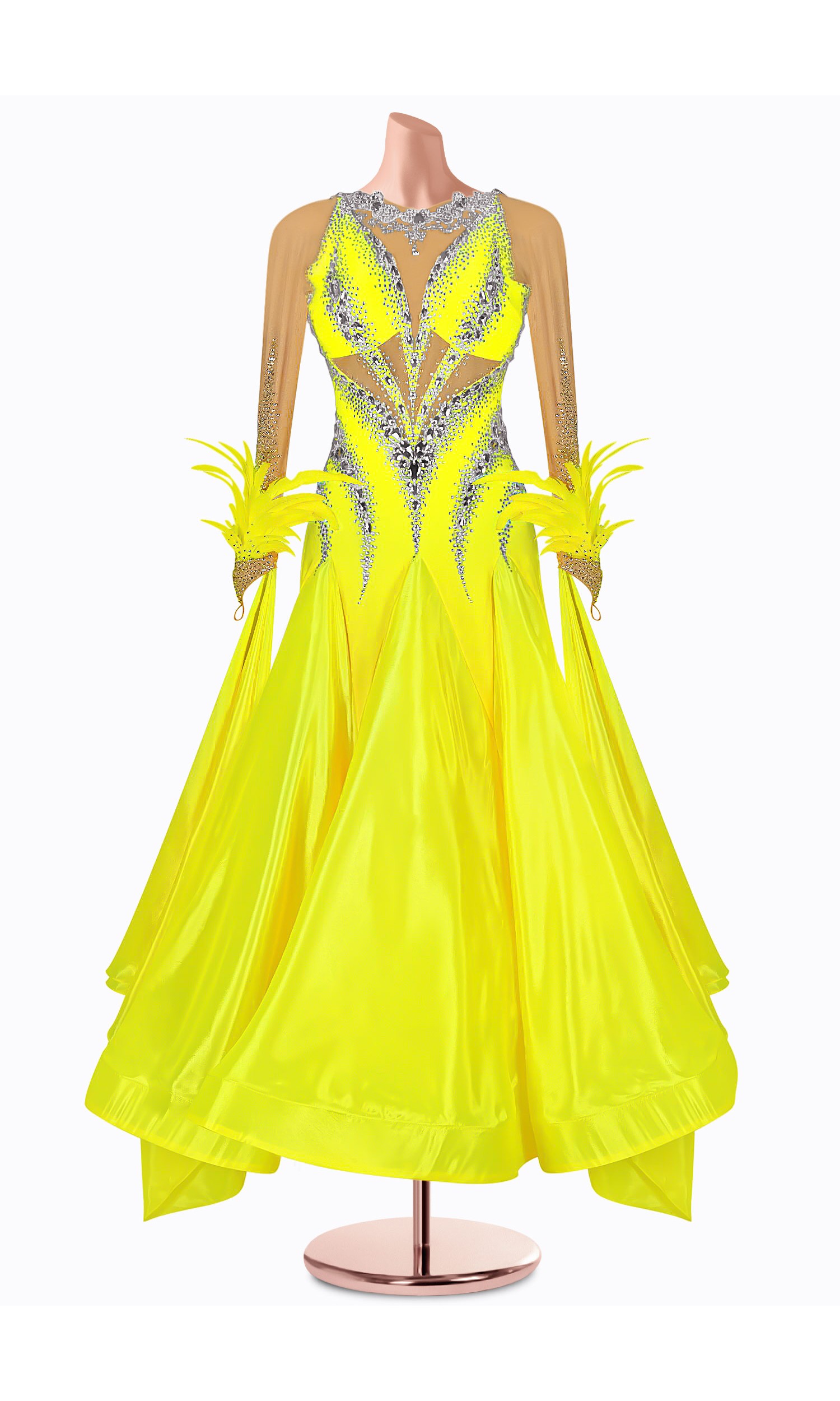 Shine bright in this dazzling yellow ballroom dance gown. The intricate beading and feather details add a touch of elegance.