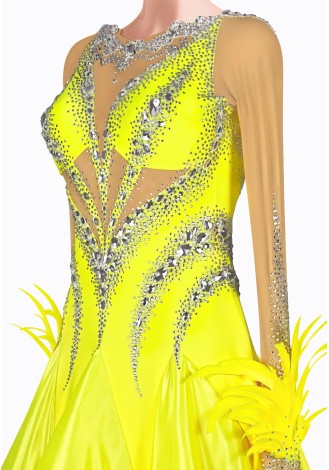 Shine bright in this dazzling yellow ballroom dance gown. The intricate beading and feather details add a touch of elegance.