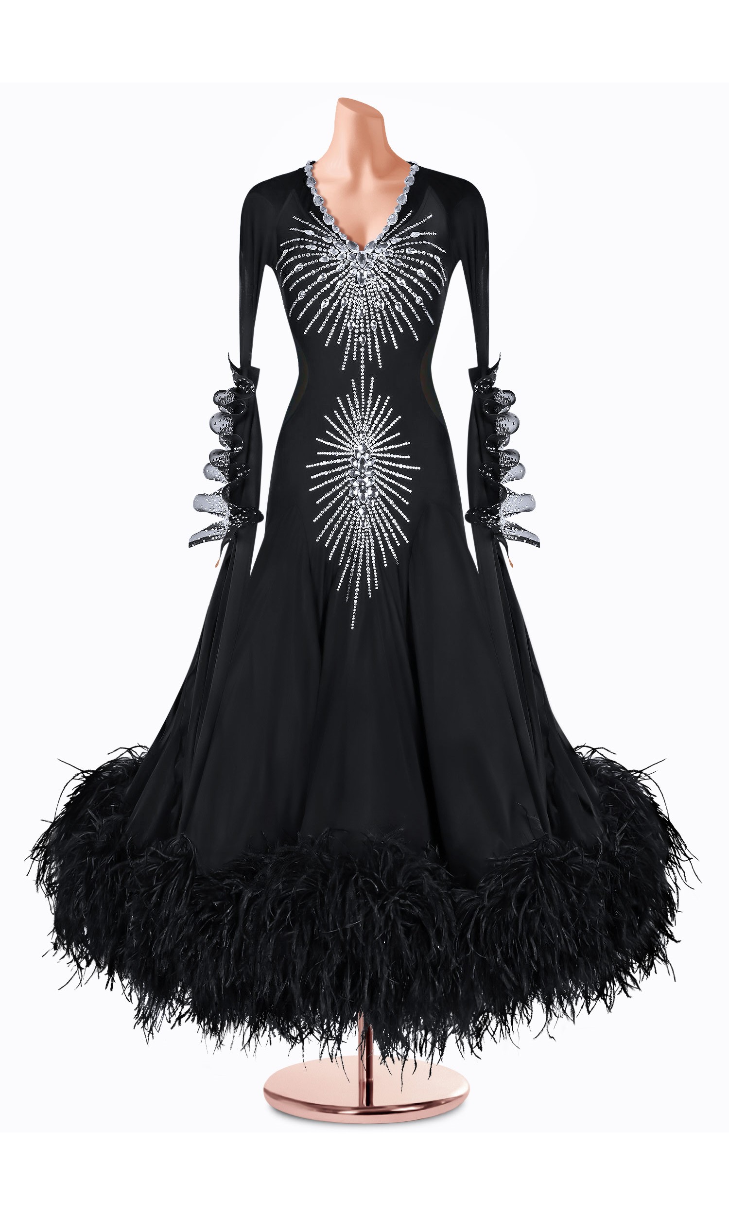 Elegant black ballroom dance gown with silver embellishments and feather trim.