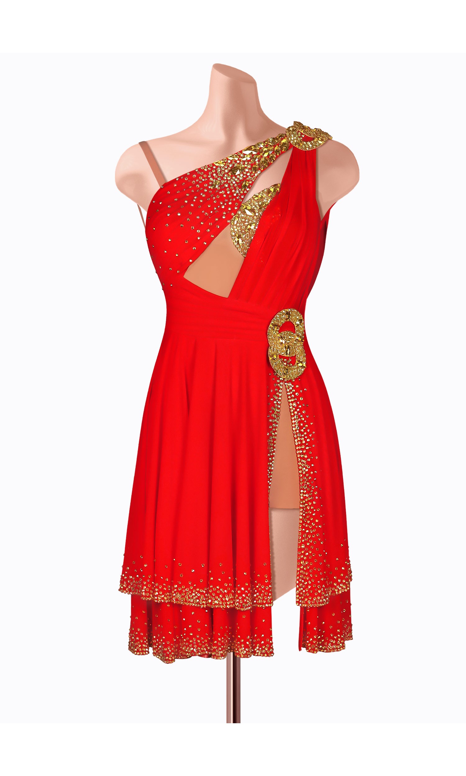 This stunning red Latin dance dress is embellished with gold detailing and crystals. A perfect choice for competition.