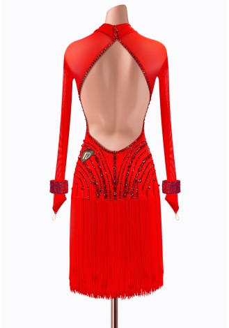 This stunning red ballroom dance dress features intricate beading and a fringed skirt.