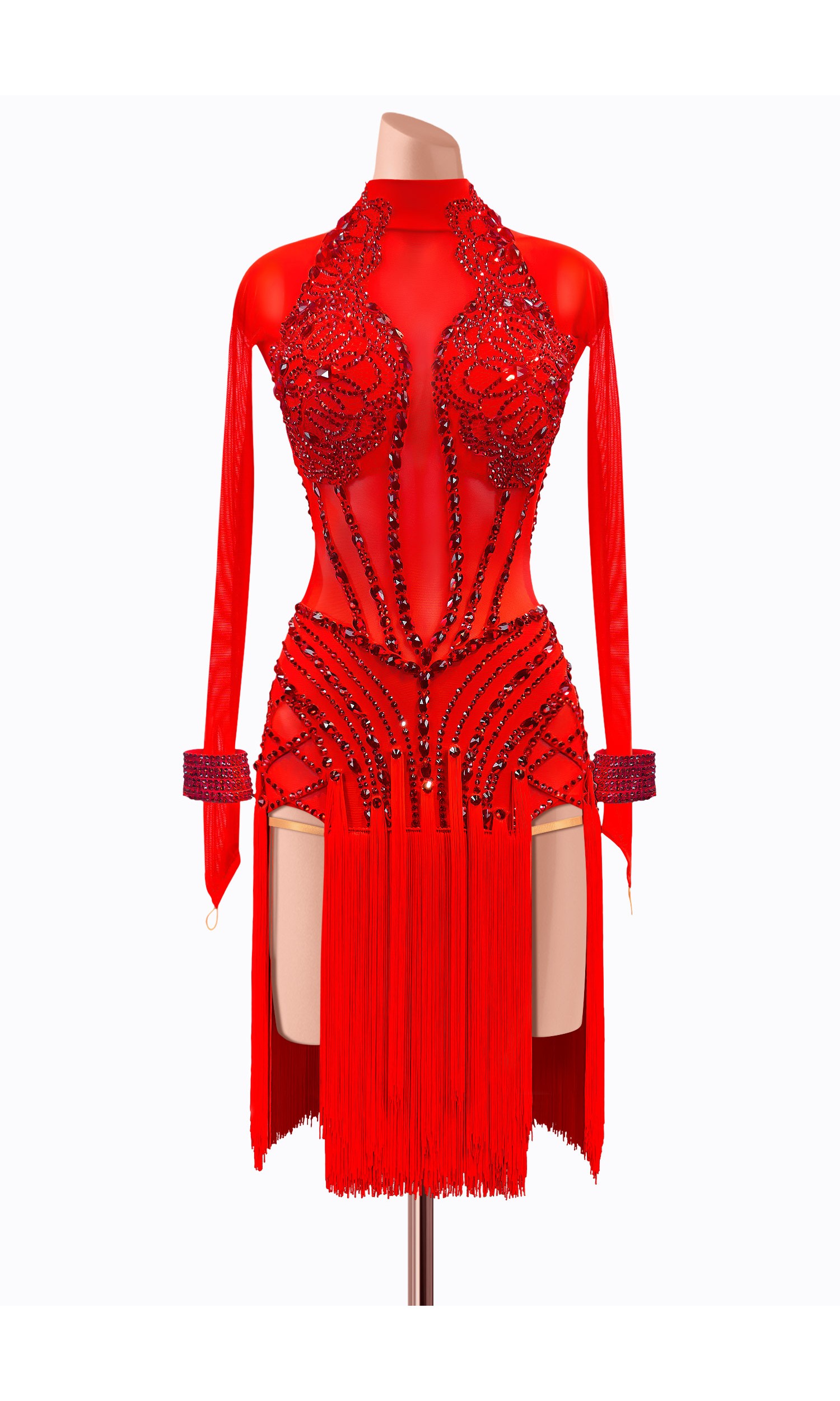 This stunning red ballroom dance dress features intricate beading and a fringed skirt.