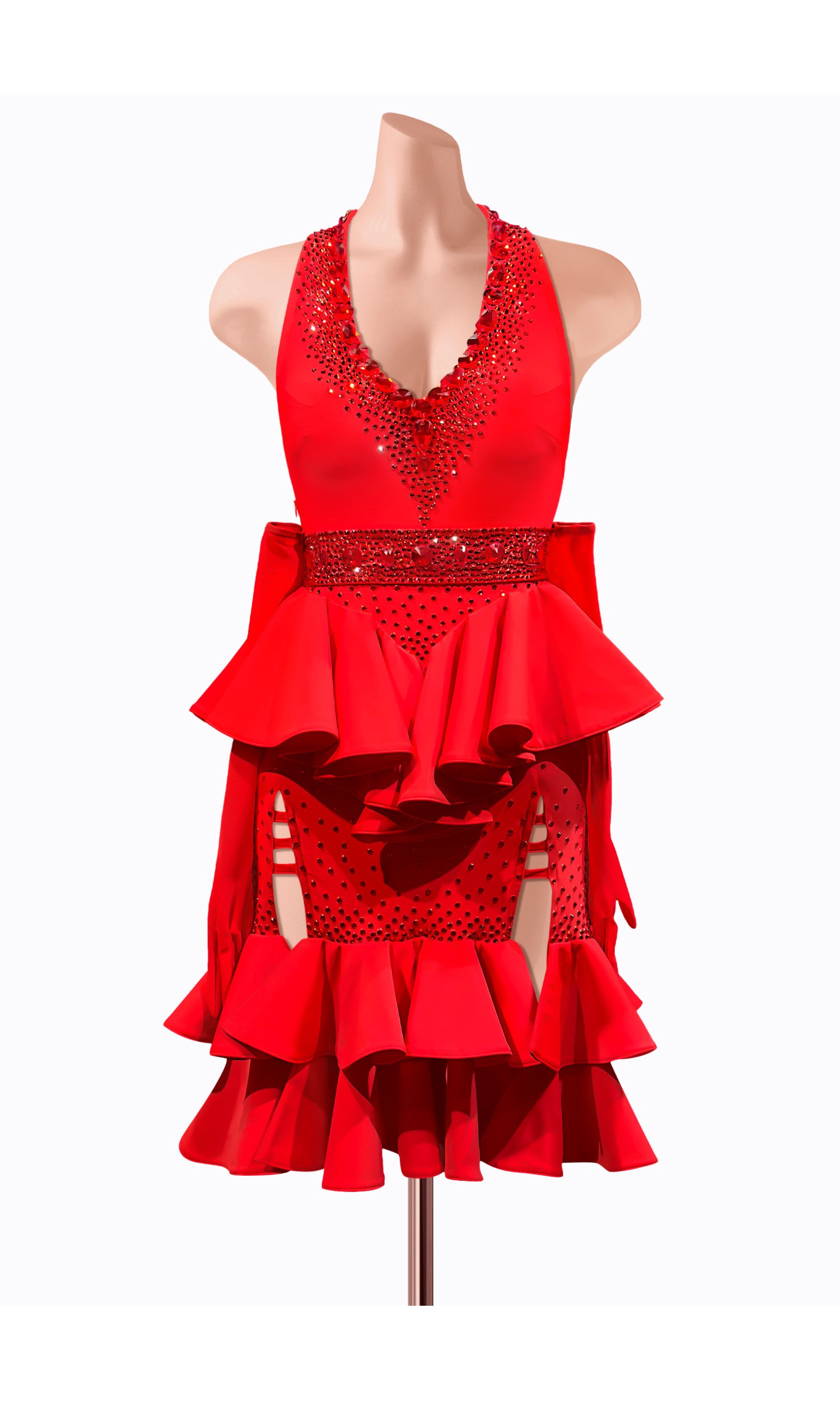 This fiery red Latin dance dress is adorned with dazzling rhinestones and features a stunning peplum waist and ruffled skirt. P