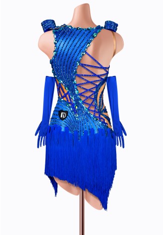 Stunning blue Latin dance dress with intricate beading and fringe detailing. Perfect for a competition or performance.