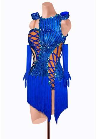Stunning blue Latin dance dress with intricate beading and fringe detailing. Perfect for a competition or performance.