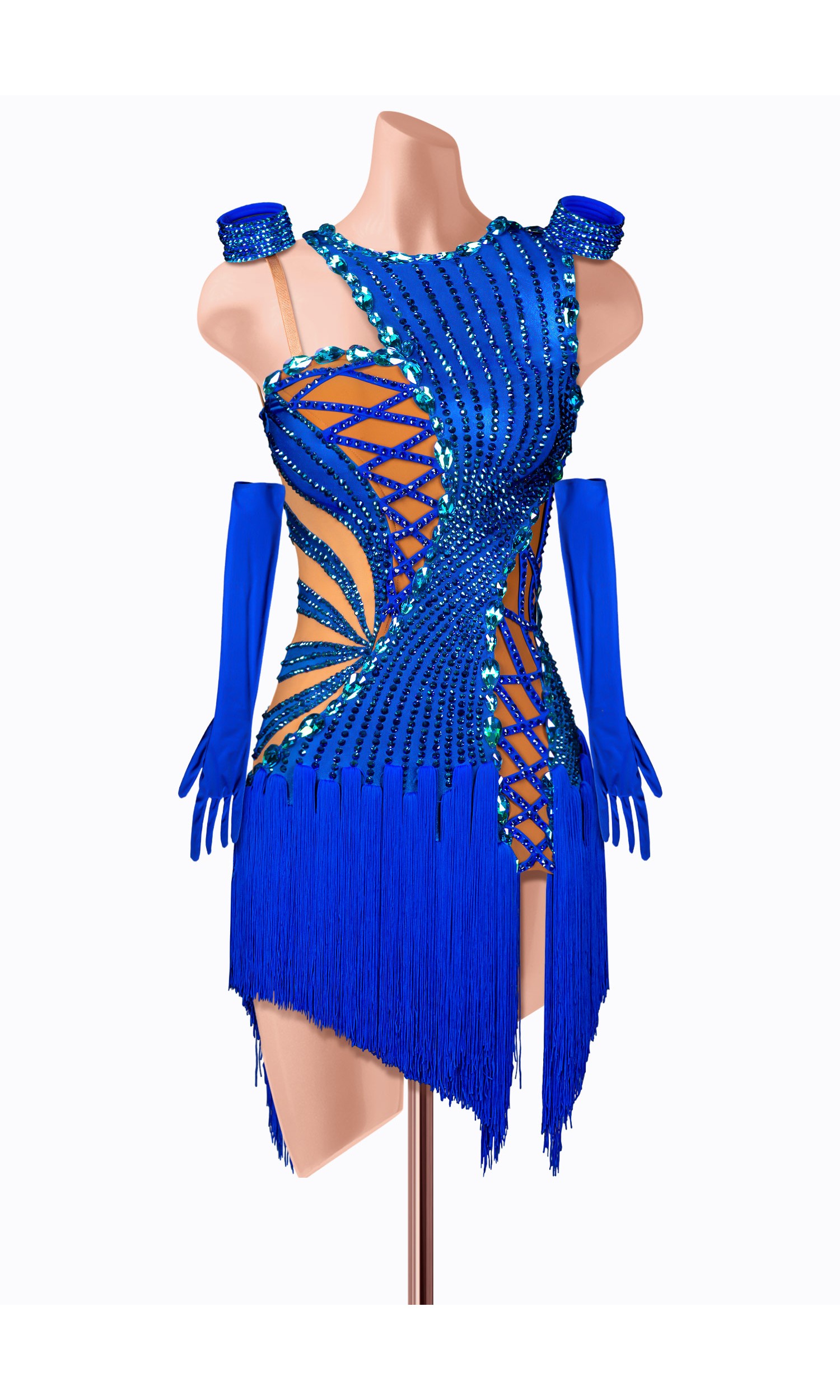 Stunning blue Latin dance dress with intricate beading and fringe detailing. Perfect for a competition or performance.