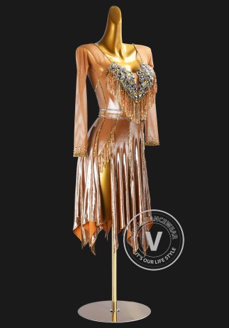 Rose Gold Flame Latin Rhythm Chacha Salsa Rumba Competition Dance Dress
