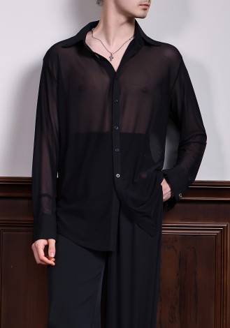 TID Men’s Black Sheer Latin Dance Shirt – Long Sleeve A012
