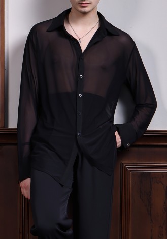 TID Men’s Black Sheer Latin Dance Shirt – Long Sleeve A012