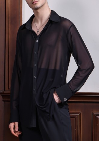 TID Men’s Black Sheer Latin Dance Shirt – Long Sleeve A012