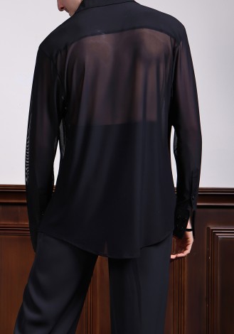 TID Men’s Black Sheer Latin Dance Shirt – Long Sleeve A012