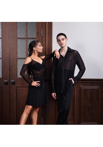 TID Men’s Black Sheer Latin Dance Shirt – Long Sleeve A012