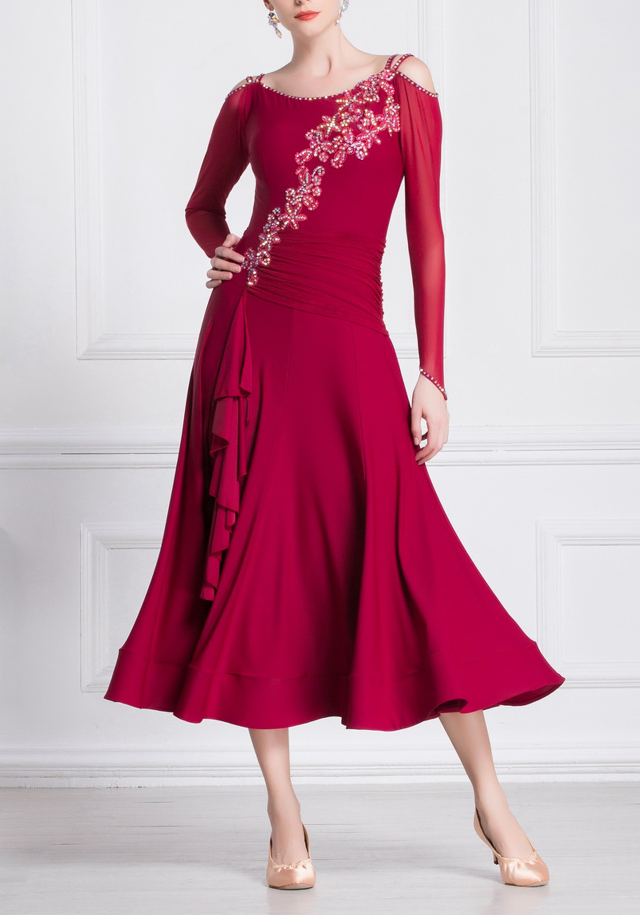 Deep Red Luxury Crepe Ballroom Smooth Practice Dance Dress P0100