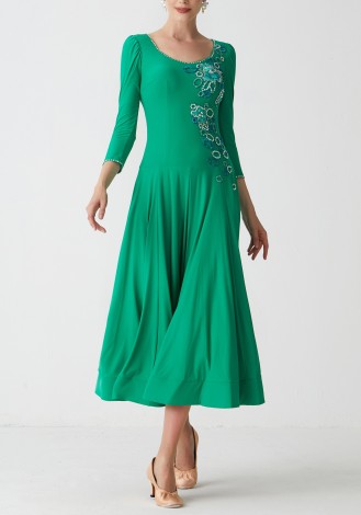 Green Elegance Luxury Crepe Ballroom Smooth Practice Dance Dress P0102