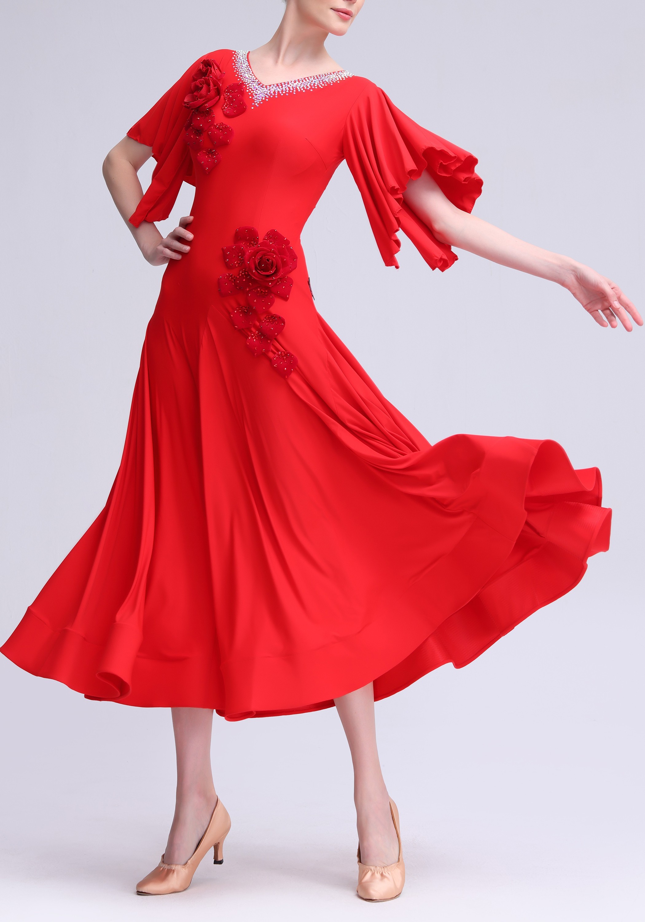 Rouge Petal Elegance Luxury Crepe Ballroom Smooth Practice Dance Dress P0109