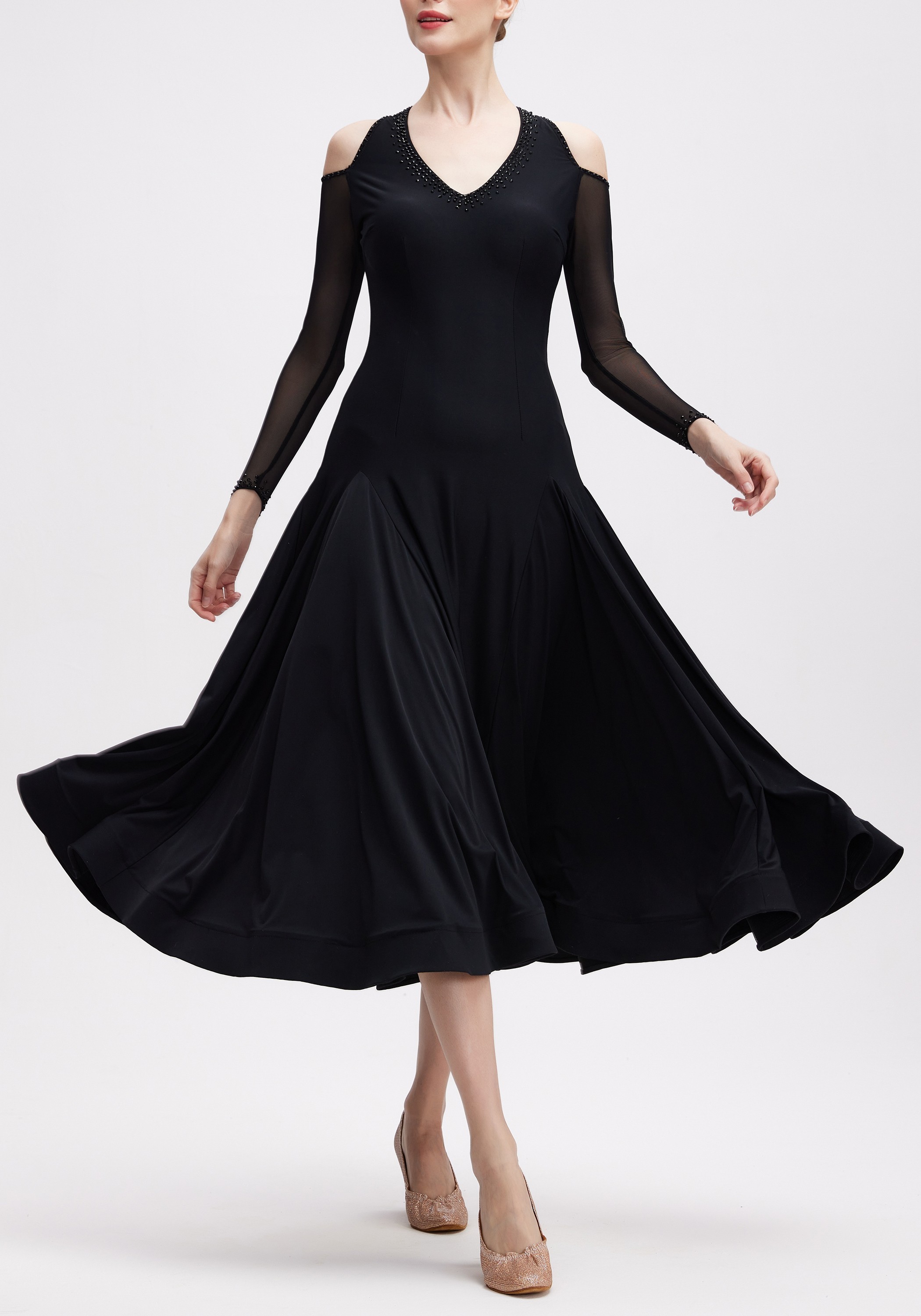 Black Elegance Luxury Crepe Ballroom Smooth Practice Dance Dress P0110
