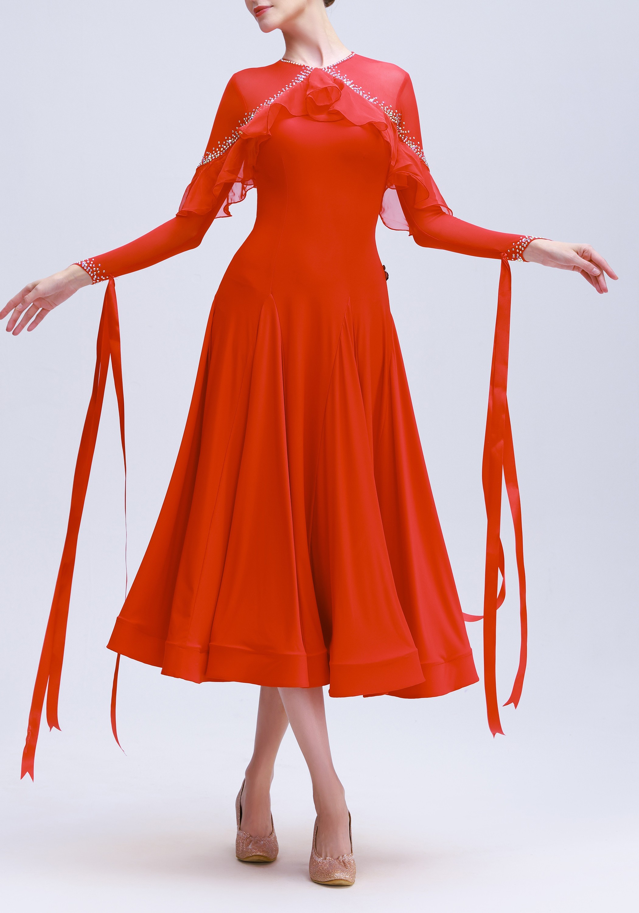 Rouge Flutter Ruffle Elegance Luxury Crepe Ballroom Smooth Practice Dance Dress P0111