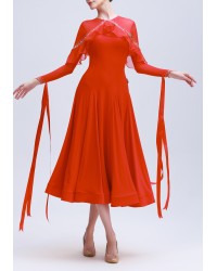 Rouge Flutter Ruffle Elegance Luxury Crepe Ballroom Smooth Practice Dance Dress P0111