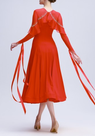 Rouge Flutter Ruffle Elegance Luxury Crepe Ballroom Smooth Practice Dance Dress P0111