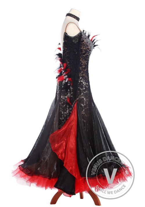 Black Lace Feather Ballroom Waltz Tango Standard Competition Dress