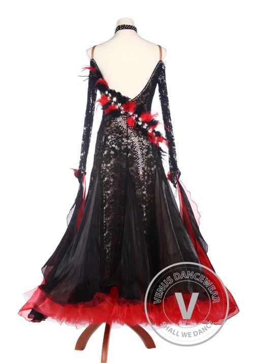 Black Lace Feather Ballroom Waltz Tango Standard Competition Dress