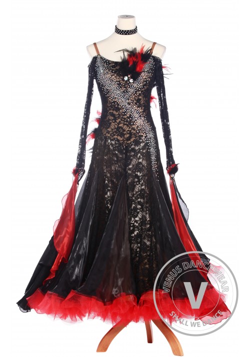 Black Lace Feather Ballroom Waltz Tango Standard Competition Dress