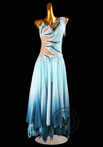 Azure Blue Blossom Ink Waltz Ballroom Dress Smooth Competition Dresses