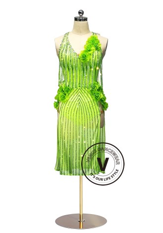 Neon Blossom Line 3D Flora Latin Rhythm Chacha Salsa Rumba Competition Dance Dress