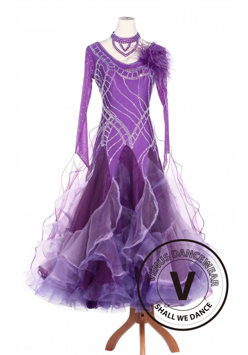Purple Feather Ballroom Waltz Smooth Tango Standard Competition Dress
