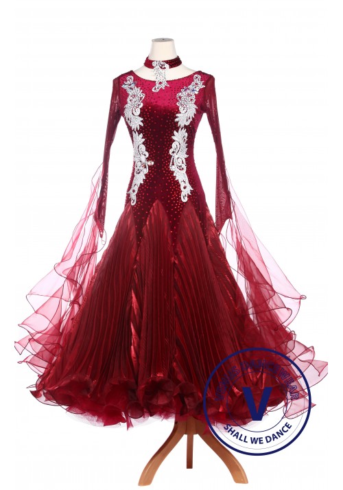 Burgundy Velvet Waltz Smooth Tango Standard Competition Dress