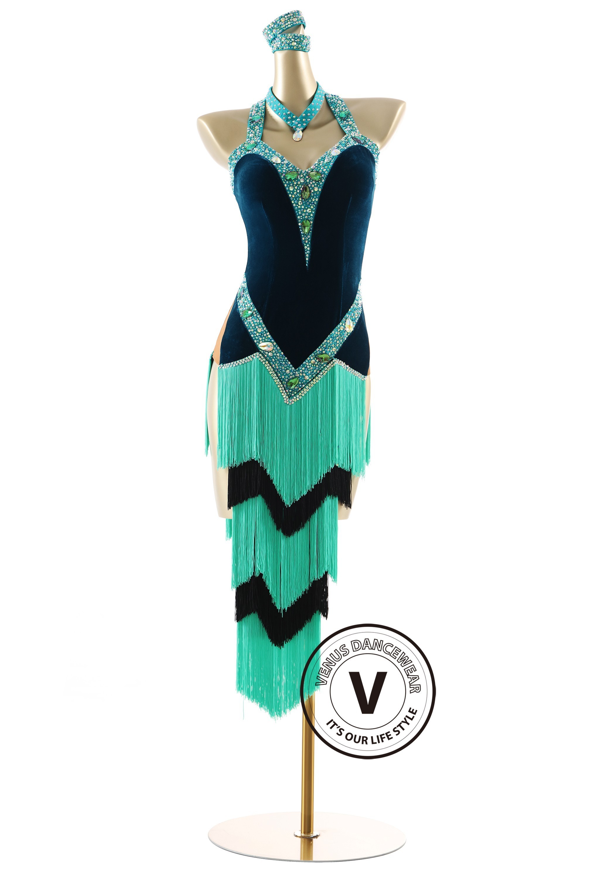 Emerald Pulse Velvet Latin Rhythm Chacha Salsa Rumba Competition Dance Dress