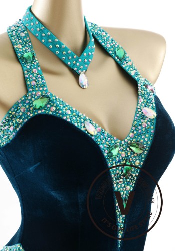 Emerald Pulse Velvet Latin Rhythm Chacha Salsa Rumba Competition Dance Dress