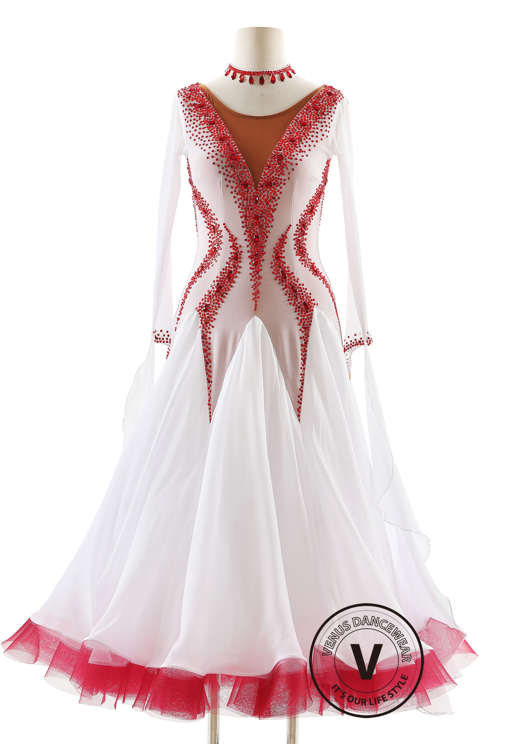 Crimson Snow Elegance Royale Ballroom Smooth Dance Competition Dress