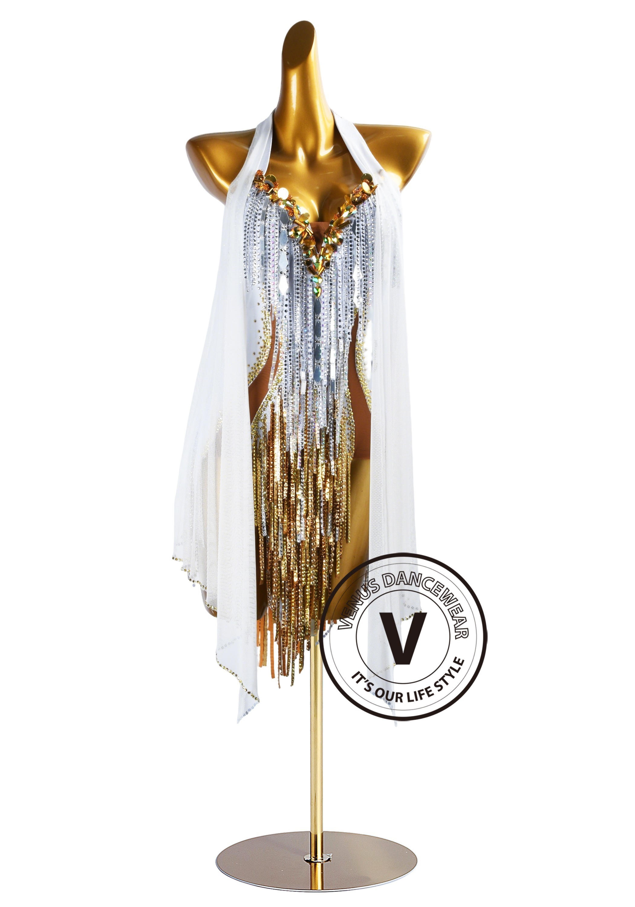 Aurora Veil Gold Latin Rhythm Chacha Salsa Rumba Competition Dance Dress