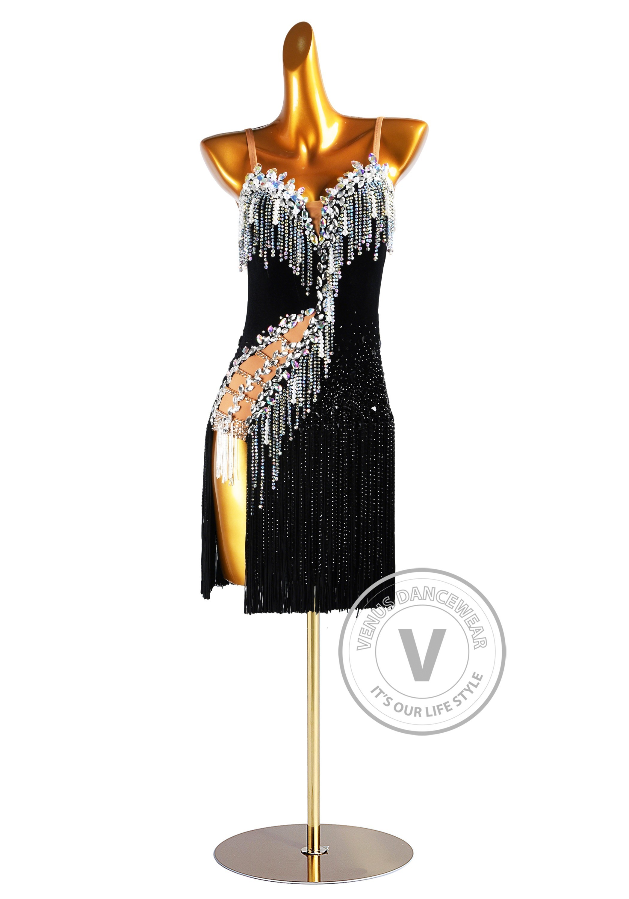 Noir Cascade Latin Rhythm Chacha Salsa Rumba Competition Dance Dress