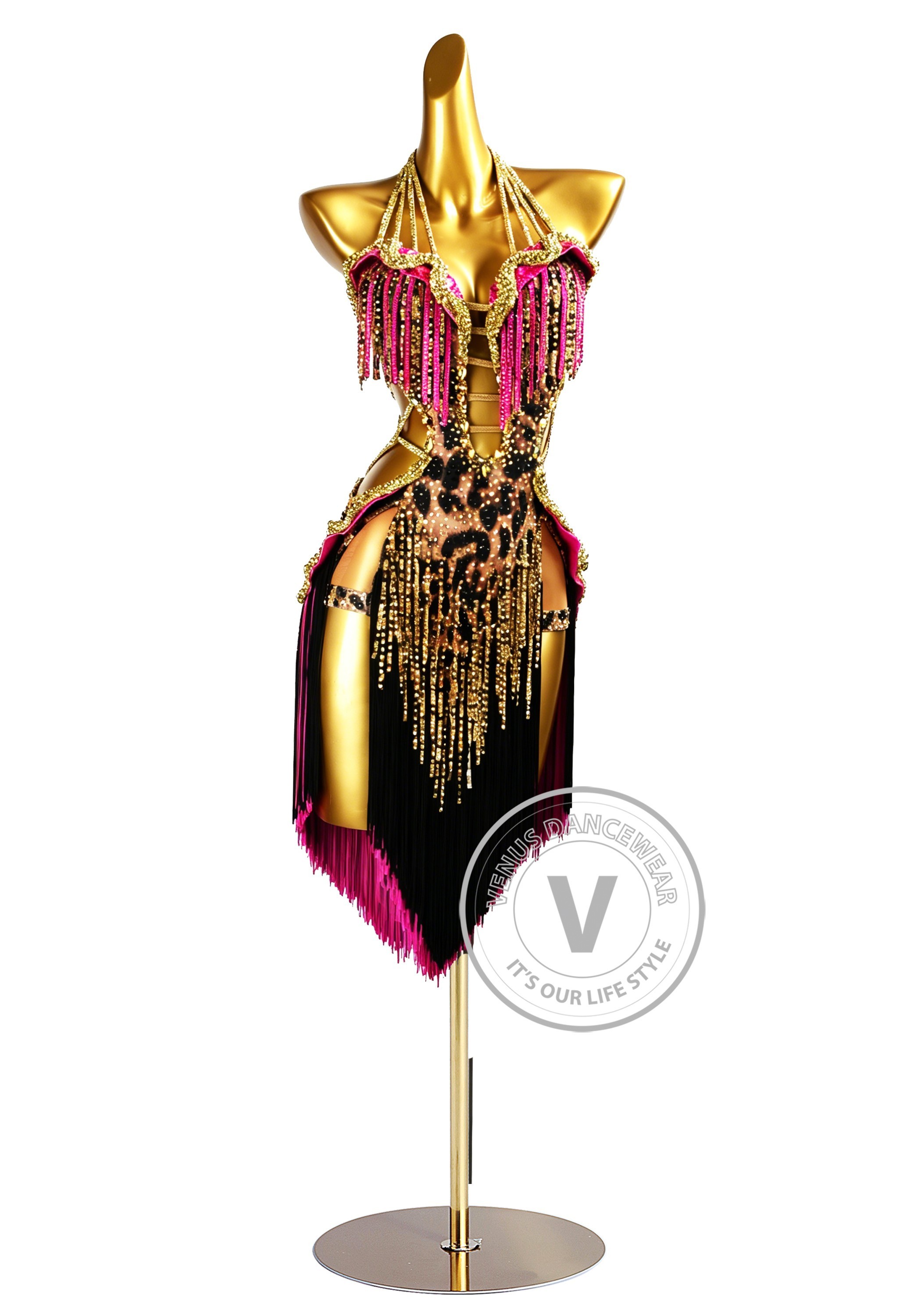 Wild Gold Fuchsia Latin Rhythm Chacha Salsa Rumba Competition Dance Dress