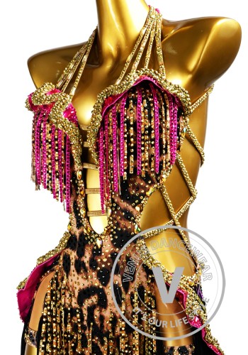 Wild Gold Fuchsia Latin Rhythm Chacha Salsa Rumba Competition Dance Dress