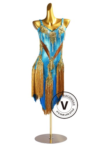Azure Gold Latin Rhythm Chacha Salsa Rumba Competition Dance Dress