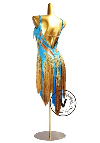 Azure Gold Latin Rhythm Chacha Salsa Rumba Competition Dance Dress